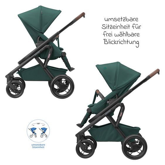 Maxi-Cosi Kombi-Kinderwagen Lila XP Plus inkl. Babywanne, geräumiger XL Korb bis 10 kg, umsetzbare Sitzeinheit, bis 22kg - Essential Green