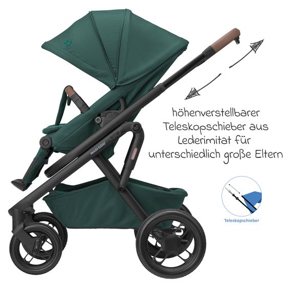 Maxi-Cosi Kombi-Kinderwagen Lila XP Plus inkl. Babywanne, geräumiger XL Korb bis 10 kg, umsetzbare Sitzeinheit, bis 22kg - Essential Green