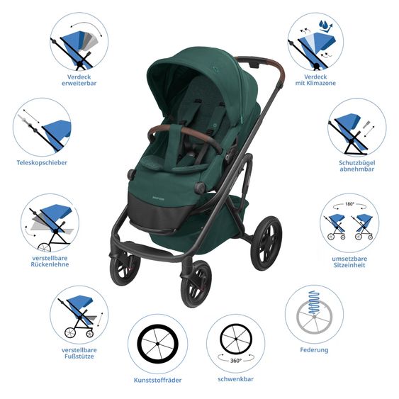 Maxi-Cosi Kombi-Kinderwagen Lila XP Plus inkl. Babywanne, geräumiger XL Korb bis 10 kg, umsetzbare Sitzeinheit, bis 22kg - Essential Green