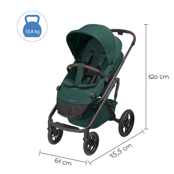 Maxi-Cosi Kombi-Kinderwagen Lila XP Plus inkl. Babywanne, geräumiger XL Korb bis 10 kg, umsetzbare Sitzeinheit, bis 22kg - Essential Green