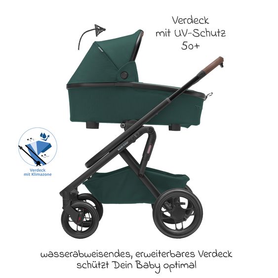 Maxi-Cosi Kombi-Kinderwagen Lila XP Plus inkl. Babywanne, geräumiger XL Korb bis 10 kg, umsetzbare Sitzeinheit, bis 22kg - Essential Green