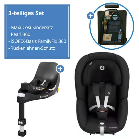 Maxi-Cosi Seggiolino Reboarder Pearl 360 ruotabile da 3 mesi a 4 anni (61 cm - 105 cm) 0-17,4 kg con base Isofix FamilyFix 360 e protezione dello schienale - Nero autentico