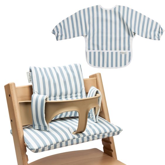 Meyco 2-tlg. Hochstuhl Zubehör-Set Sitzkissen & Ärmellätzchen - Fat Stripe - Jeans Blue