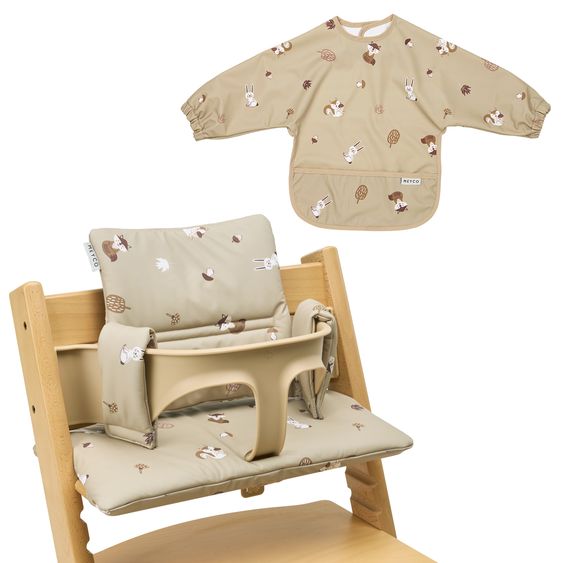 Meyco Set accessori seggiolone 2 pz. Cuscino per seggiolino & bavaglino con maniche - Animali della Foresta