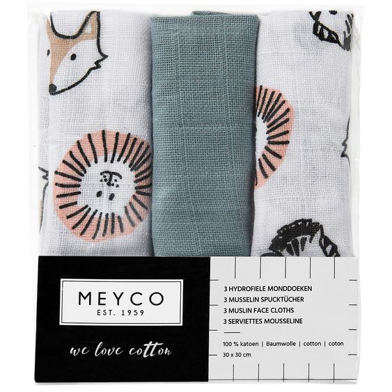Meyco 3er Pack Mull-Pflegetücher 30 x 30 cm - Animals