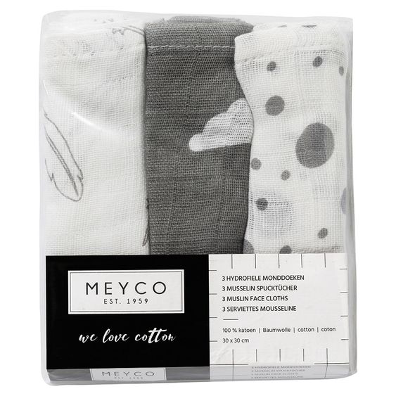 Meyco 3er Pack Mull-Pflegetücher 30 x 30 cm - Federn Wolken Dots - Grau