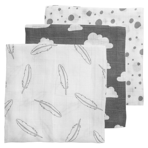 Meyco 3er Pack Mullwindeln - Federn Wolken Dots - Grau