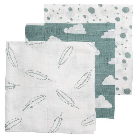 Meyco 3er Pack Mullwindeln - Federn Wolken Dots - Grün