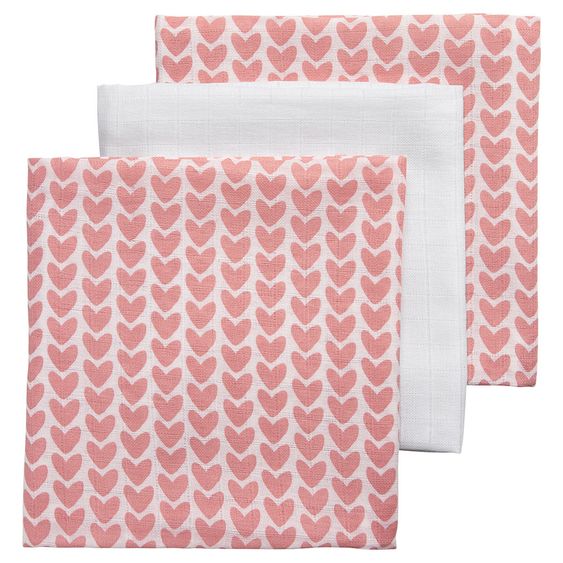 Meyco 3er Pack Mullwindeln - Herzchen - Rosa