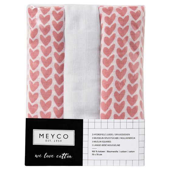 Meyco 3er Pack Mullwindeln - Herzchen - Rosa