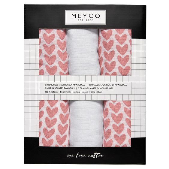 Meyco 3er Pack Swaddles 120 x 120 cm - Herzchen - Rosa