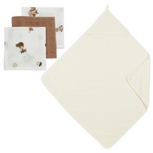 4-pc. Bath Set Hooded Bath Towel & 3 Washcloths 30 x 30 cm - Forest Animals - Naturel / Toffee