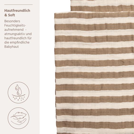 Meyco Langes En Mousseline / Langes En Mousseline / Langes D'emmaillotage / Swaddle Lot De 2 Mousseline Pré-Lavée 70 x 70 cm - Rayure Grasse - Taupe