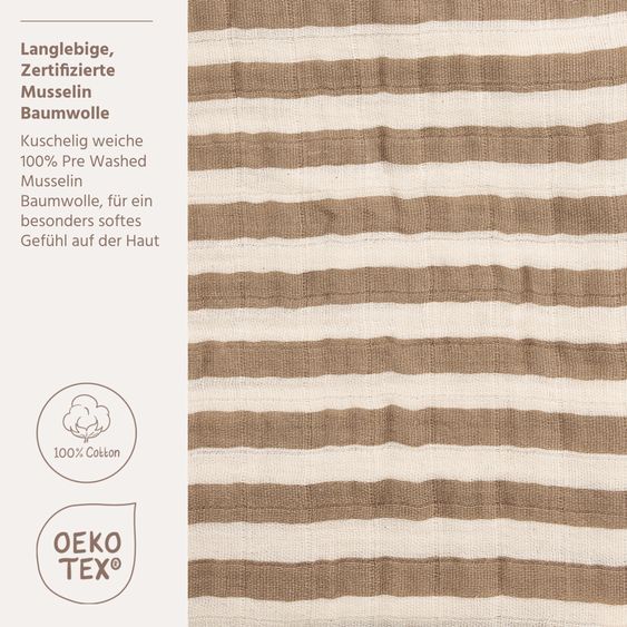 Meyco Langes En Mousseline / Langes En Mousseline / Langes D'emmaillotage / Swaddle Lot De 2 Mousseline Pré-Lavée 70 x 70 cm - Rayure Grasse - Taupe