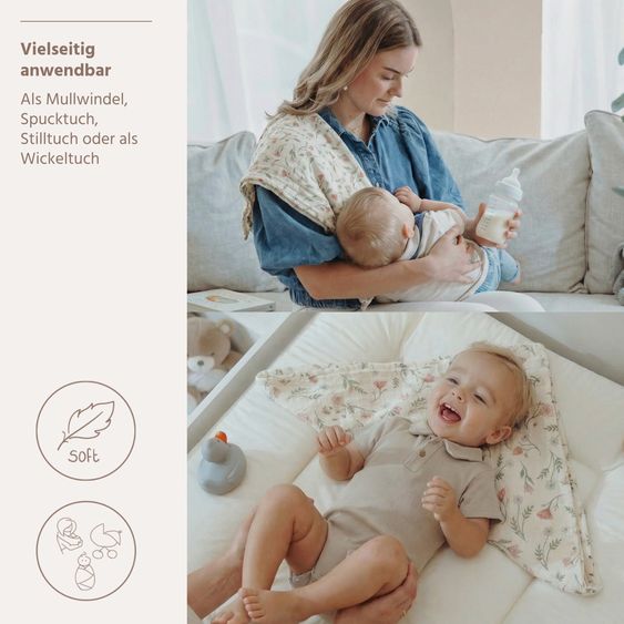 Meyco Mullwindel / Mussola / Fascia per avvolgere / Swaddle Confezione da 2 Mussola Pre-Lavata 70 x 70 cm - Flower