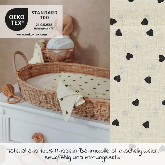 Meyco Mullwindel / Mulltuch / Pucktuch / Swaddle 2 pezzi Mussola Pre-Lavata 70 x 70 cm - Sweet Heart - Soft Sand / Black