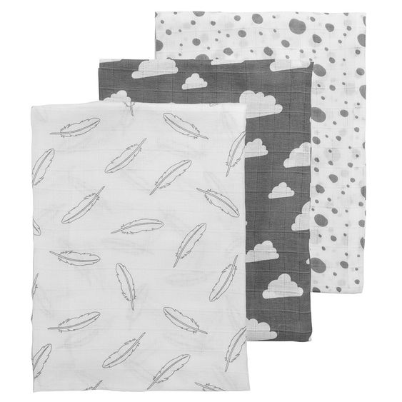 Meyco Mullwindel / Mulltuch / Pucktuch - Swaddle - 3er Pack - 120 x 120 cm - Federn Wolken Dots - Grau
