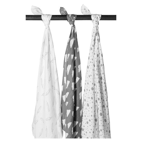 Meyco Mullwindel / Mulltuch / Pucktuch - Swaddle - 3er Pack - 120 x 120 cm - Federn Wolken Dots - Grau