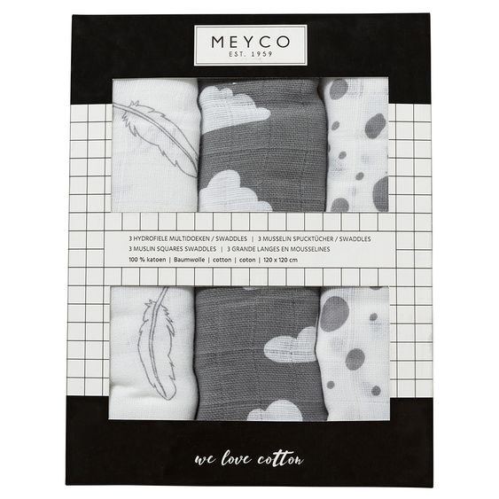 Meyco Mullwindel / Mulltuch / Pucktuch - Swaddle - 3er Pack - 120 x 120 cm - Federn Wolken Dots - Grau