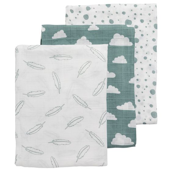 Meyco Mullwindel / Mulltuch / Pucktuch - Swaddle - 3er Pack - 120 x 120 cm - Federn Wolken Dots - Grün