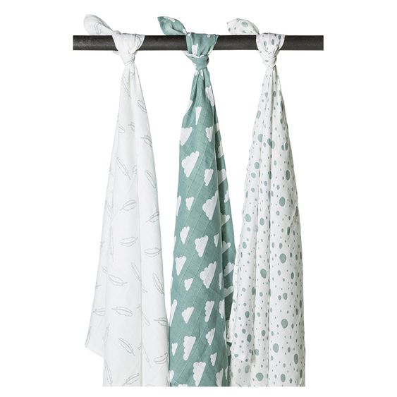 Meyco Mullwindel / Mulltuch / Pucktuch - Swaddle - 3er Pack - 120 x 120 cm - Federn Wolken Dots - Grün