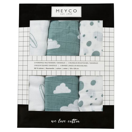 Meyco Mullwindel / Mulltuch / Pucktuch - Swaddle - 3er Pack - 120 x 120 cm - Federn Wolken Dots - Grün