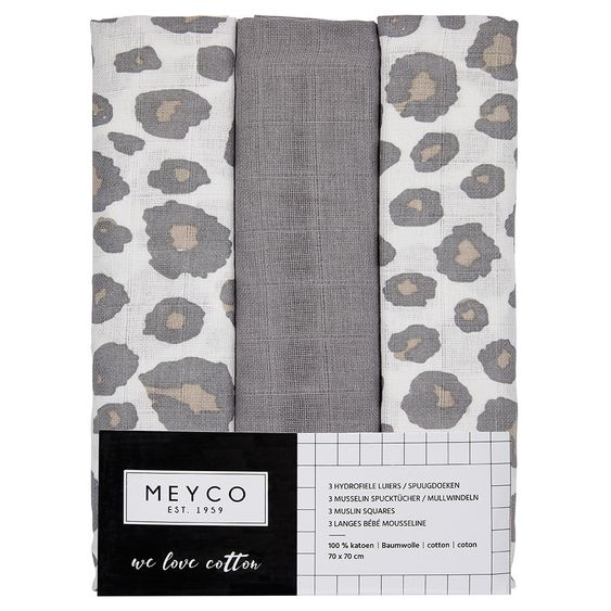 Meyco Pannolino di garza / Telo di garza / Telo Puck - Fasciatoio - Confezione da 3 - 70 x 70 cm - Panther