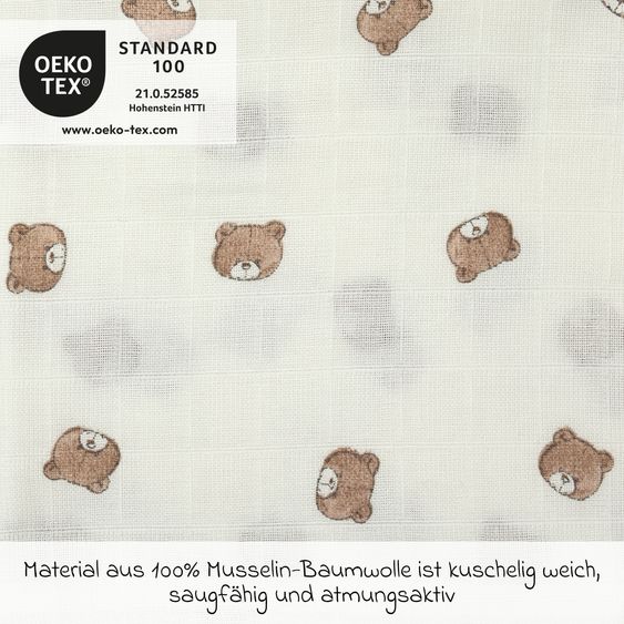 Meyco Mullwindel / Mulltuch / Pucktuch / Swaddle 3er Pack Musselin 70 x 70 cm - Bear