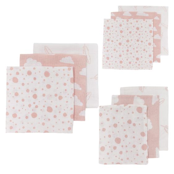 Meyco Starter Set 9-tlg. Mulltücher - Federn Wolken Dots - Rosa