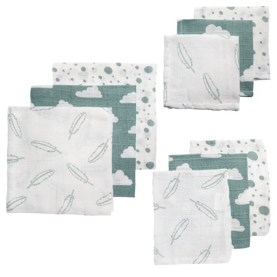 Meyco Starter set 9 pcs muslin cloths - Feathers Clouds Dots - Stone Green