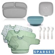 10-pc. Weaning Complete Set - 3 Sleeve Bibs + 2 Silicone Bowls + 1 Silicone Plate + Cutlery (2 Spoons & 2 Forks) - Green / Grey