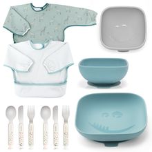 11-pcs Weaning Complete Set - 2 Sleeve Bibs + 2 Silicone Bowls + 1 Silicone Plate + Cutlery (2 Spoons, 2 Forks & 2 Knives) - Petrol / Grey