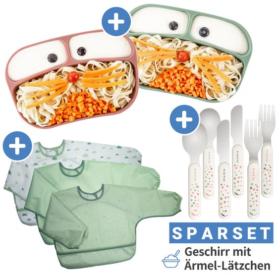 MiaMia 11-tlg. Esslern-Set - 2x Silikon-Teller + 2x Edelstahl-Besteck + 3x Ärmel-Lätzchen - Salbei Beere