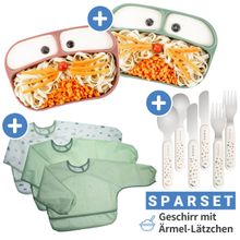 11-tlg. Esslern-Set - 2x Silikon-Teller + 2x Edelstahl-Besteck + 3x Ärmel-Lätzchen - Salbei Beere