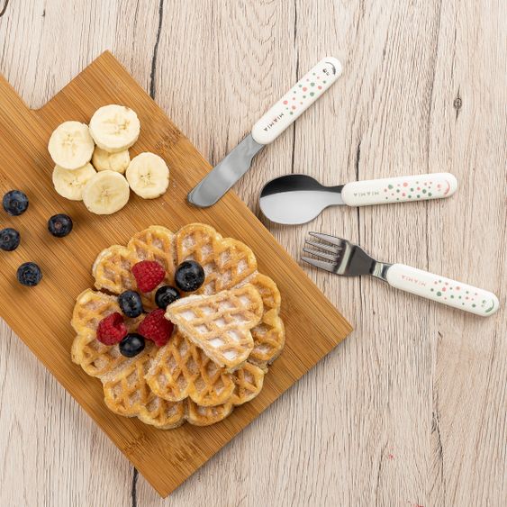 MiaMia 11-tlg. Esslern-Set - 2x Silikon-Teller + 2x Edelstahl-Besteck + 3x Ärmel-Lätzchen - Salbei Beere