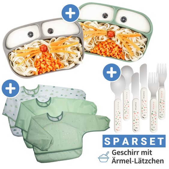MiaMia 11-tlg. Esslern-Set - 2x Silikon-Teller + 2x Edelstahl-Besteck + 3x Ärmel-Lätzchen - Salbei Grau