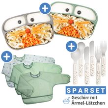 11-tlg. Esslern-Set - 2x Silikon-Teller + 2x Edelstahl-Besteck + 3x Ärmel-Lätzchen - Salbei Grau