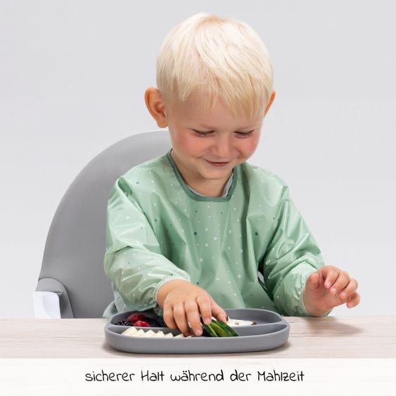 MiaMia 11-tlg. Esslern-Set - 2x Silikon-Teller + 2x Edelstahl-Besteck + 3x Ärmel-Lätzchen - Salbei Grau