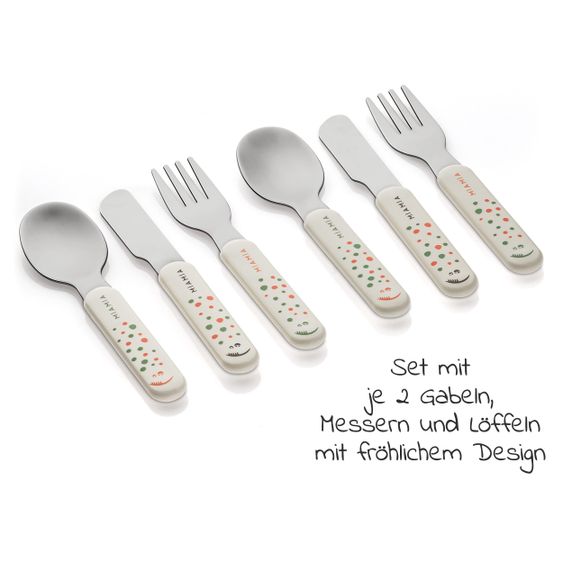 MiaMia 11-tlg. Esslern-Set - 2x Silikon-Teller + 2x Edelstahl-Besteck + 3x Ärmel-Lätzchen - Salbei Grau