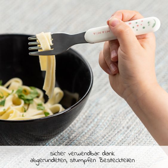 MiaMia 11-tlg. Esslern-Set - 2x Silikon-Teller + 2x Edelstahl-Besteck + 3x Ärmel-Lätzchen - Salbei Grau