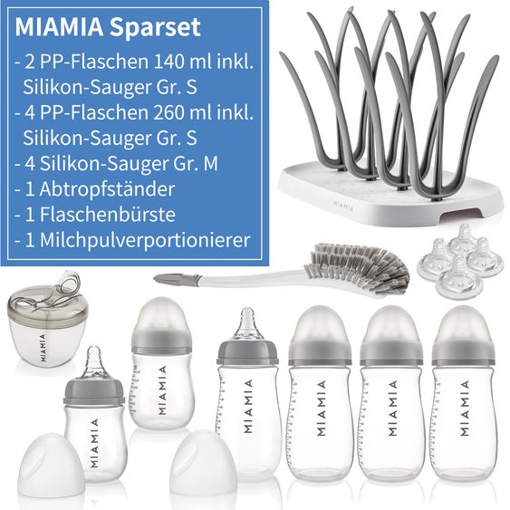 MiaMia 13-piece starter set / bottle set - 6 PP bottles + teat + milk powder scoop + bottle brush + drip stand