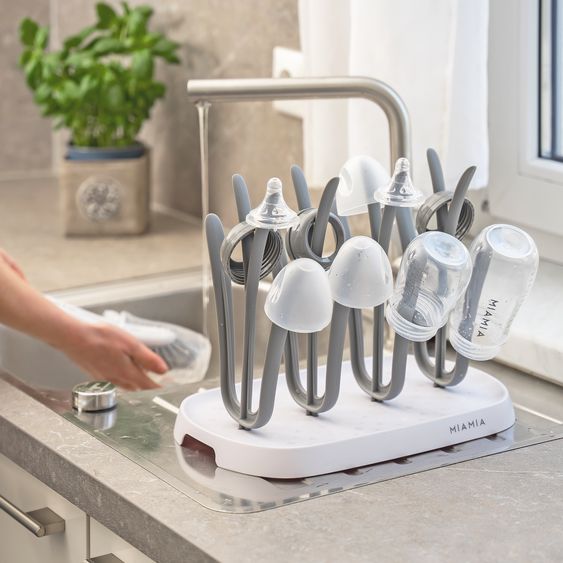 MiaMia 2-piece cleaning set for baby bottles - draining rack + bottle brush - gray white