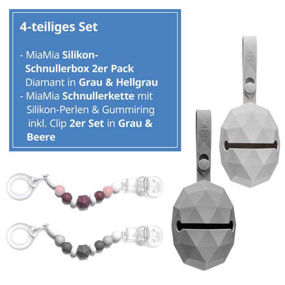 MiaMia 4-piece pacifier accessory set - 2x silicone pacifier box + 2x pacifier chain with silicone beads & rubber ring incl. clip - gray berry