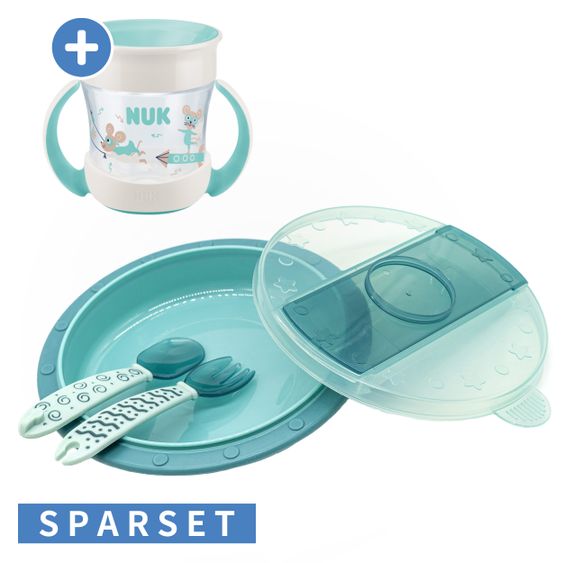 MiaMia 4 pcs set for on the go incl. baby plate with cutlery & sippy cup - green