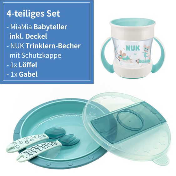 MiaMia 4 pcs set for on the go incl. baby plate with cutlery & sippy cup - green