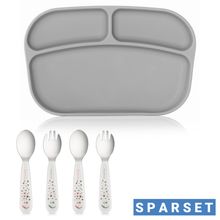 5-pc. Weaning Set - Silicone Plate + Cutlery (2 Spoons & 2 Forks) - Grey