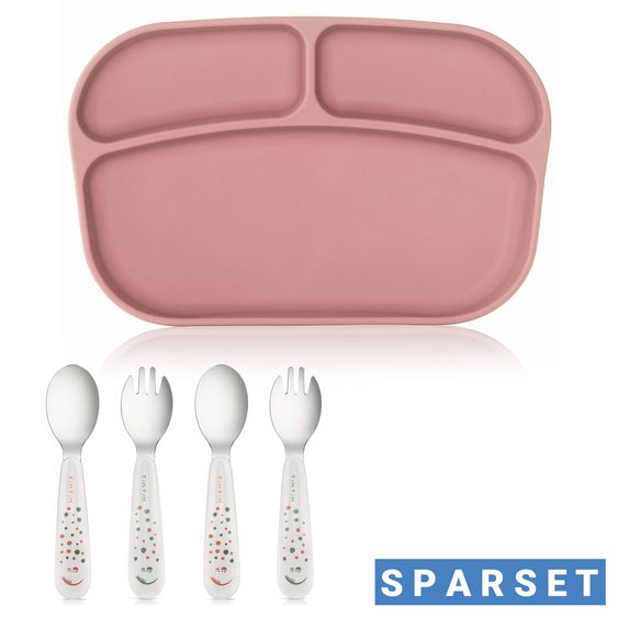 MiaMia 5-pc. Weaning Set - Silicone Plate + Cutlery (2 Spoons & 2 Forks) - Rose