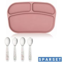 5-pc. Weaning Set - Silicone Plate + Cutlery (2 Spoons & 2 Forks) - Rose