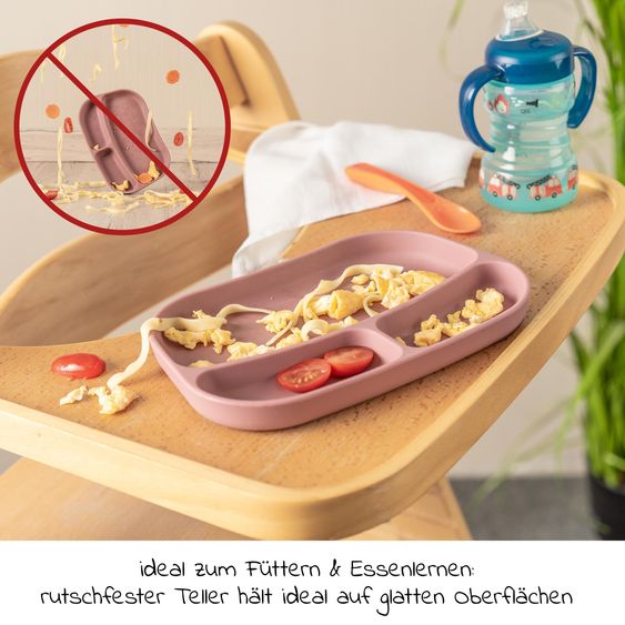 MiaMia 5-pc. Weaning Set - Silicone Plate + Cutlery (2 Spoons & 2 Forks) - Rose