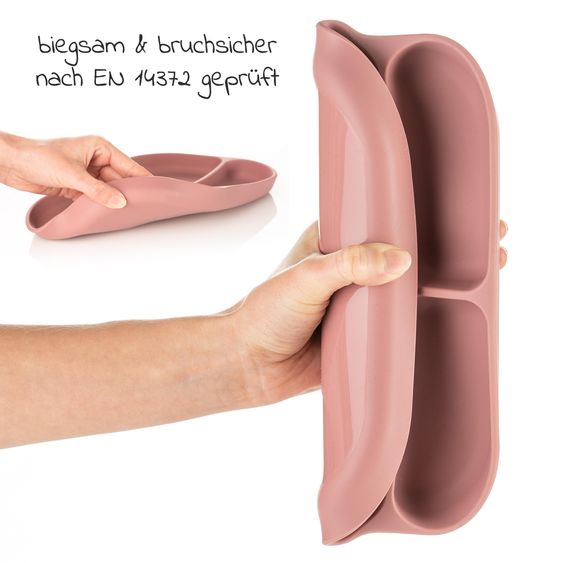 MiaMia 5-pc. Weaning Set - Silicone Plate + Cutlery (2 Spoons & 2 Forks) - Rose